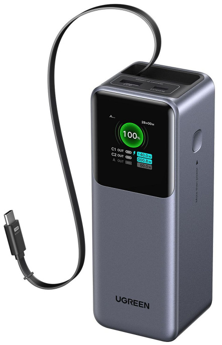 Внешний аккумулятор с выдвижным кабелем UGREEN PB726 55987B 165W Power Bank 20000mAh with Retractable Cable. Цвет: серый космос