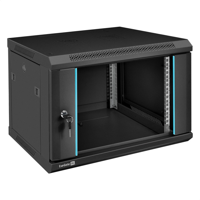 Шкаф телекоммуникационный 19" настенный 6U ExeGate EC-WM-6U.450.G.BLACK (19”, 6U, 600x450x370mm (ШхГхВ), передняя дверь закаленное стекло, съемные боковые панели, пыле- и влагозащита IP23, черный RAL 9004) EX298605RUS