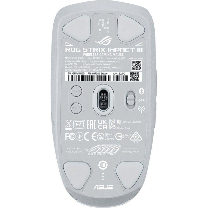 Мышь ASUS ROG STRIX IMPACT III WIRELESS, 57g, 2.4GHz RF, Bluetooth, 36K DPI Sensor, 5 Programmable Button, White 90MP03D0-BMUA10