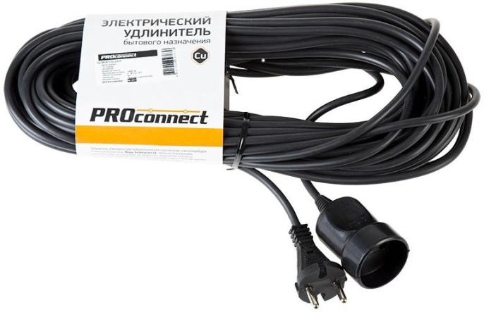 Удлинитель силовой PROCONNECT PROc-Uc, розеток 1шт, 2x0.75 кв.мм, 6A, 20м, ПВС, без катушки, черный [11-7115]