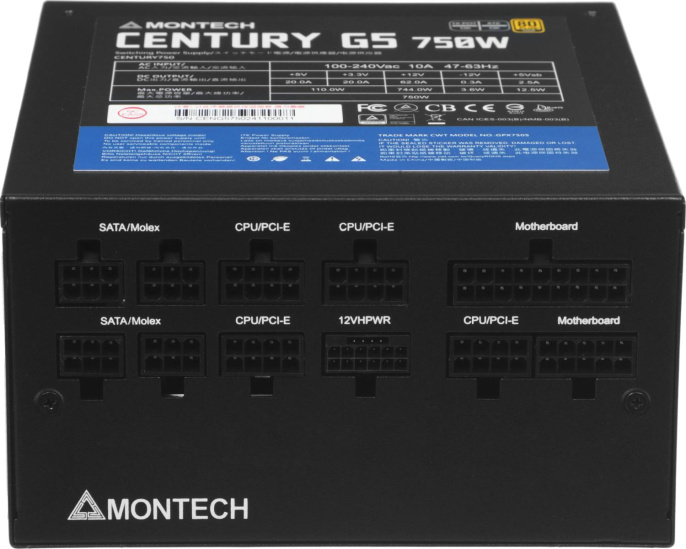 Блок питания Montech ATX 750W CENTURY GOLD G5 80+ gold 20+4pin APFC 120mm fan 10xSATA Cab Manag RTL (CENTURY GOLD G5 750)