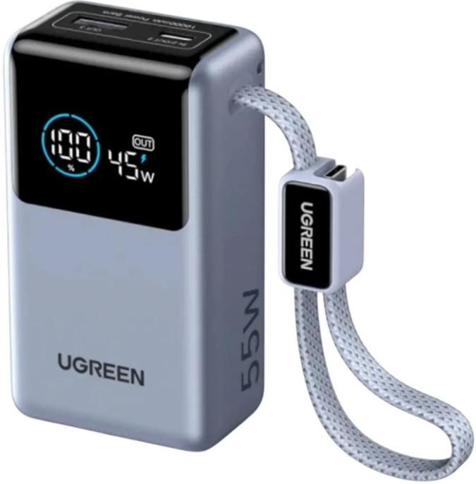 Внешний аккумулятор UGREEN PB727 75701B Fast Charging 10000mAh USB-C&amp;USB-A 55W о встроенным кабелем USB-C Power Bank. Цвет: серый космос