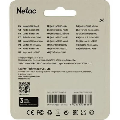 Карта памяти Netac NT02P500ECO-064G-R microSDXC Memory Card 64Gb UHS-I U1 Class10 + microSD-- SD Adapter