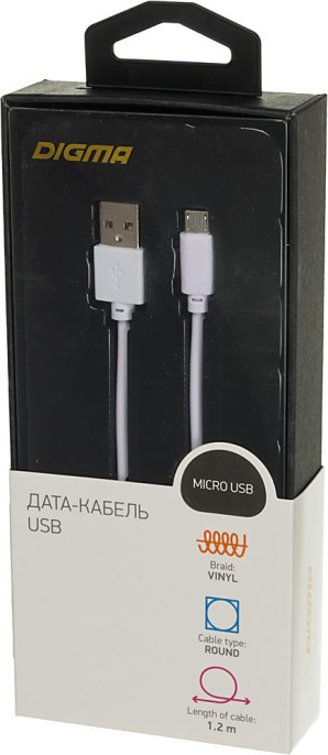 Кабель Digma micro USB (m) -  USB (m),  1.2м,  2A,  белый [microusb-1.2m-wh]