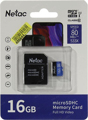 Карта памяти Netac NT02P500STN-016G-R microSDHC Memory Card 16Gb UHS-I U1 Class 10 + microSD--SD Adapter