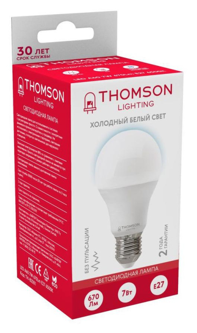 Лампа светодиодная Thomson TH-B2301 7Вт цок.:E27 груша 220B св.свеч.бел.хол. A упак.:1шт