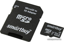 Micro SecureDigital 64GB Smartbuy Advanced Class 10/U3/V30/A1; R/W up to 90/55 с адаптером SD (SB64GBSDU1A-AD)