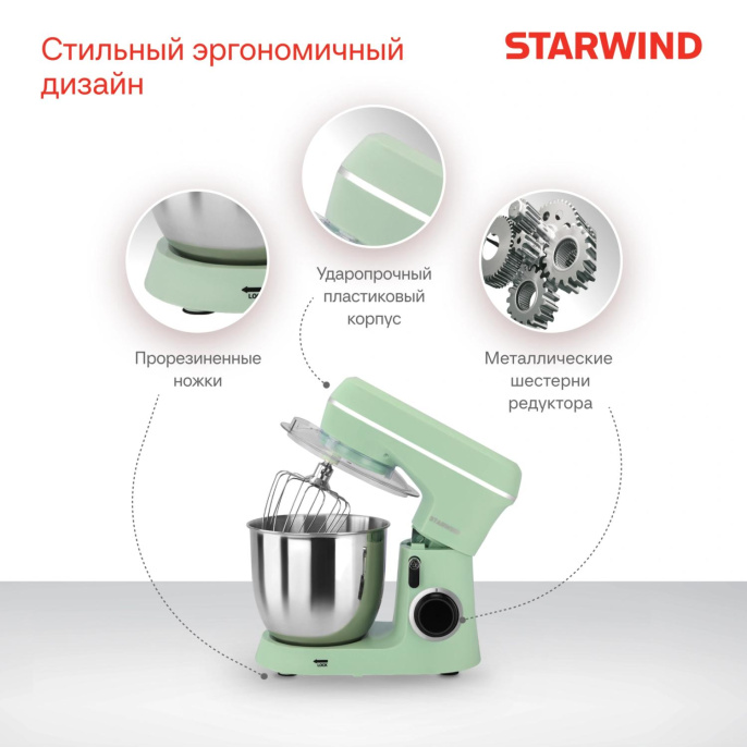 Миксер планетарный StarWind SPM6161, 1300Вт, мятный