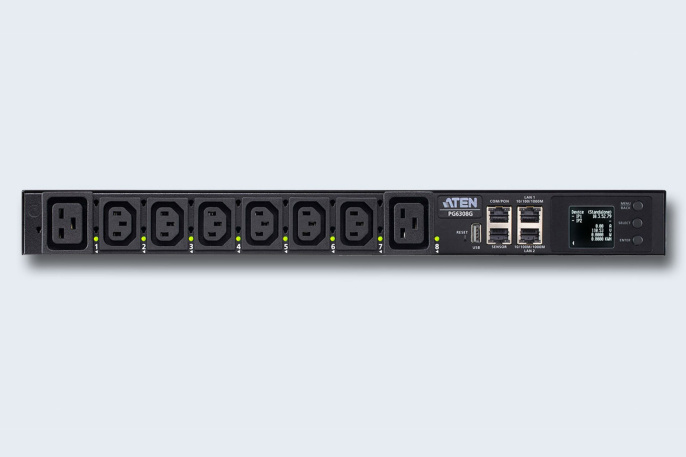 ATEN PG6308G-AT Устройство распределения питания, с управлением, 32A, 7.68kW, 8 портов, 1 банк, IP доступ, ввод IEC 60309, 6*C13+2*C19;монитор. V / A / кВт / кВт·ч по банку/устройству;вкл/выкл по портам;без шнуров