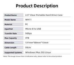 Внешний корпус для диска HDD/SSD Netac WH11 2.5 SATA to USB3.0 External HDD/SSD Case, Slide Transparent Cover, with USB3.0 A to B cable NT07WH11-30B0