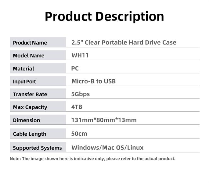 Внешний корпус для диска HDD/SSD Netac WH11 2.5 SATA to USB3.0 External HDD/SSD Case, Slide Transparent Cover, with USB3.0 A to B cable NT07WH11-30B0