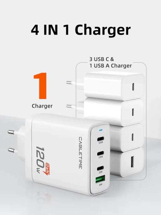Зарядное устройство CABLETIME G120W CT-GAN120-PW GaN PD3.1 3C1A 120 Вт, белый
