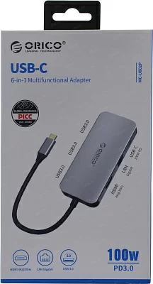 Док-станция ORICO-MC-U602P-GY, Type-C (3xUSB 3.0, USB Type-C, HDMI, RJ-45), Серый