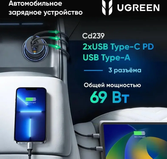 Автомобильное зарядное устройство UGREEN EC703 (35024) 75W 2*USB-C PD 3.0&USB-A w/o Cable Fast Car Charger. Цвет: серый