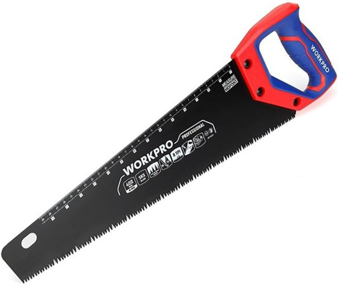 Ножовка WorkPro WP215013 400мм эргономичная ручка, со шкалой, прочное пильное полотно SK5, острые зубья с тройной заточкой, конструкция больших и малых зубьев для более быстрого