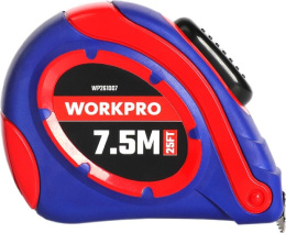 Рулетка WorkPro WP261007 7.5м материал ленты сталь, автостоп:есть, закаленная долговечная пружина, двухкомпонентный обрезиненный корпус, большая легкая для чтения метрическая и дюймовая шкалы, клипса для крепления на ремень