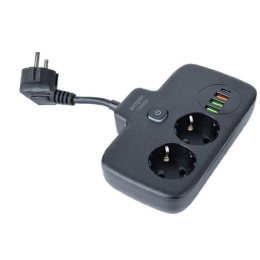 Amper сетевой удлинитель, 0,2м, 2 розетки, 3*0,75мм, 10А, 2500 Вт, 3usb, 1Type-C, 1кн, черный. [T2535B]