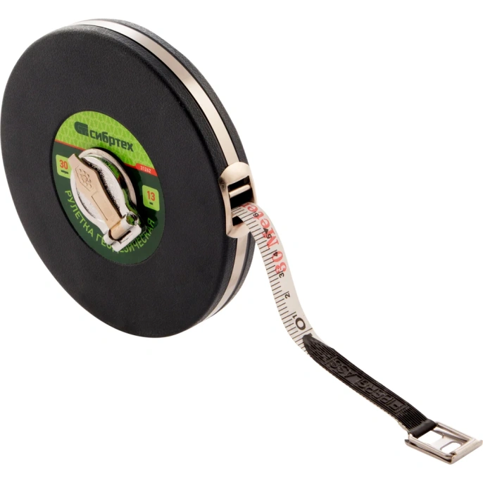 Геодезическая рулетка СИБРТЕХ 30мх13 мм, закрытый корпус, фиберглассовая лента 31262