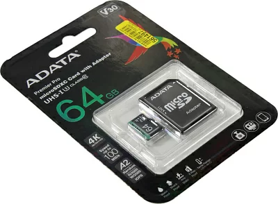 Карта памяти A-DATA AUSDX64GUI3V30SA2-RA1 microSDXC Memory Card 64Gb A2 V30UHS-I U3 Class10 + microSD-- SD Adapter