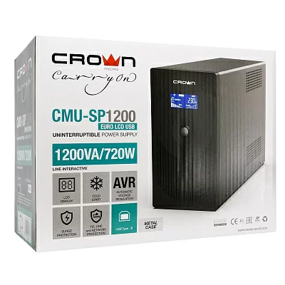 ИБП CROWN 1200VA/720W, корпус металл, 2x12V/9AH, выходные розетки 4*EURO+1*IEC С13 bybass, трансформатор AVR 140-290V, cъёмный кабель 1.8 м, порт RJ-11/45, порт USB, LCD-экран, защита батареи от полного разряда, от перегрузки, от КЗ, ПО ИБП CROWN 1200VA/7