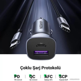 Автомобильное зарядное устройство UGREEN CD130 40858 USB-C PD+USB-A QC 30W Fast Car Charger + SCP22.5W. Цвет: серый (40858_)