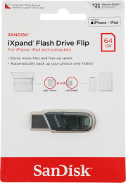Флешка USB Sandisk iXpand Flip 64ГБ, USB3.1, зеленый и серебристый [sdix90n-064g-gn6nn]