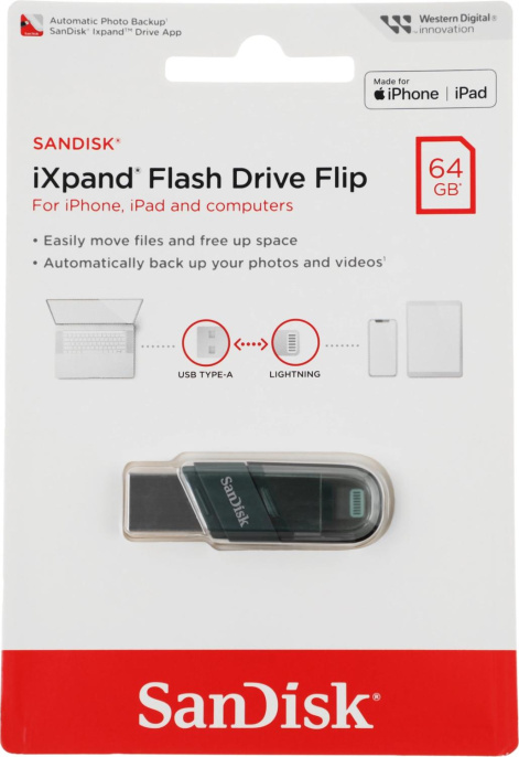 Флешка USB Sandisk iXpand Flip 64ГБ, USB3.1, зеленый и серебристый [sdix90n-064g-gn6nn]