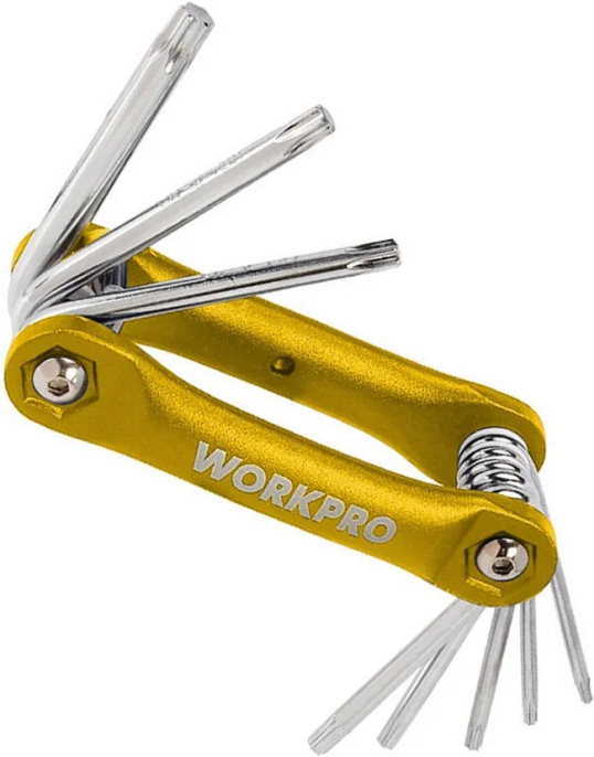 Набор ключей WorkPro WP222025 8 предметов складные, легкая и прочная ручка из алюминиевой конструкции, хром-ванадиевая сталь, закаленная и отпущенная, T8, T10, T15, T20, T25, T27, T30, T40