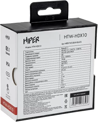 Гарнитура вкладыши Hiper TWS BEAN HDX10 черный беспроводные bluetooth в ушной раковине (HTW-HDX10)