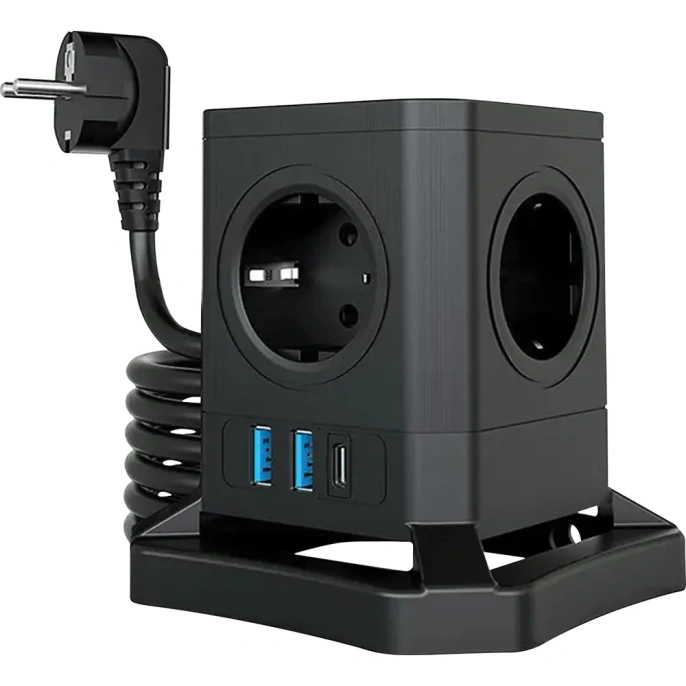 Сетевой фильтр QUMO Power Block System PD1 12SP5U P-0003, 5 розеток, 2500 Вт, 10A, кабель 2м 3*1 мм чистая медь, пожаробезопасный пластик, евровилка, 2 USB порта 2,4A + USB-C 30W 42087