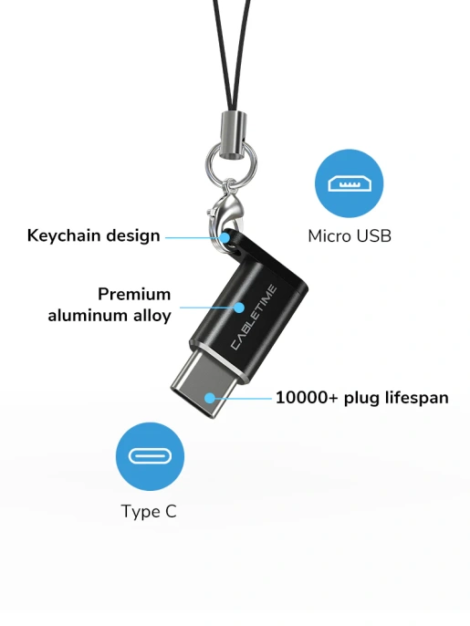 Адаптер CABLETIME CP72B (CT-OTG-CMBF-ABL) USB-C Male to USB2.0 Micro B Female OTG С петлей Lanyaed. Алюминий