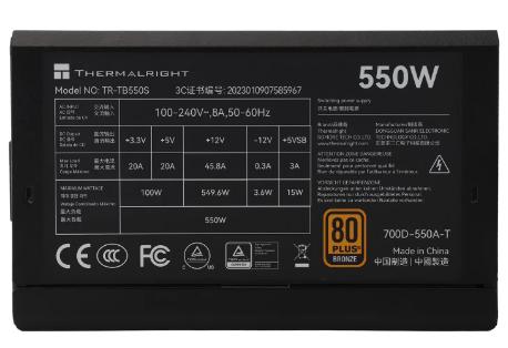 Блок питания 550W/ Power Supply Thermalright, 550W 80+ Bronze ATX, 3.0, Non-modular, 1x24 20+4 pin 550mm, 1xCPU*2 8 4+4 pin 600+150mm, 1xPCIe 8 6+2 pin 450mm, 1xSATA*3+MOLEX4pin*1 400+150+150+150mm, 1xSATA*2+MOLEX4pin*2 400+150+150+150mm, Active, 120x120 