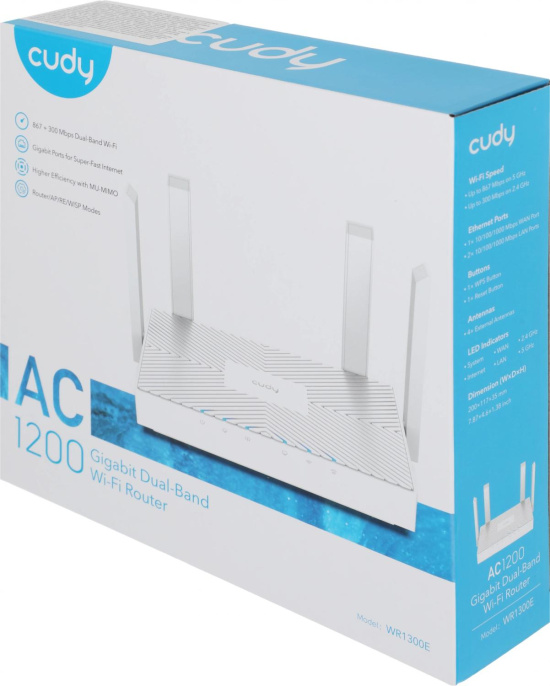 Маршрутизатор CUDY WR1300E AC1200 Gigabit Wi-Fi Router Dual Band, Chipset MediaTek, 3 × 10/100/1000Mbps RJ45 Ports, 4 x 5dBi fixed antennas,  WiFi router/AP/ Repeater/WISP Mode, 802.11ac/a/b/g/n, 867Mbps at 5GHz + 300Mbps at 2.4GHz, DDNS, WiFi Schedule, I