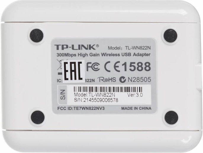 Wi-Fi Сетевой USB-адаптер TP-Link TL-WN822N USB 2.0 Type-A, 802.11n Wi-Fi 4 , до 300 Mbps, антенна 3 dBi, цвет белый , RTL