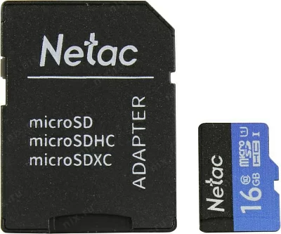 Карта памяти Netac NT02P500STN-016G-R microSDHC Memory Card 16Gb UHS-I U1 Class 10 + microSD--SD Adapter