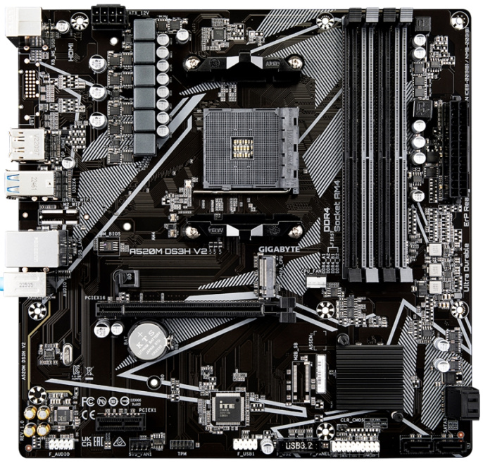 Материнская плата GigaByte A520M DS3H V2 rev. 1.0 mATX, 24.4x24.4 см, AMD A520, 4xDDR4 DIMM, 4733МГц, до 128GB, звук 7.1, 4xSATA3.0 6Gb/s , 1xM.2, 1xPCIe3.0x16, 1xPCIe3.0x1, 1хHDMI, 1xDisplayPort A520M DS3H V2 rev. 1.0