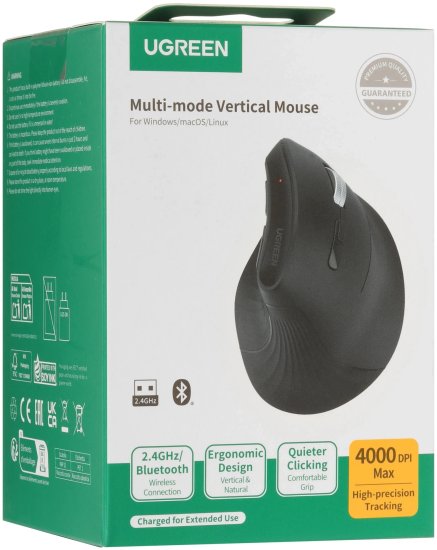 Беспроводная компьютерная мышь вертикальная UGREEN MU008S 85081 Multi-mode Wireless Vertical Mouse 2.4 GHz&BT. Цвет: черный