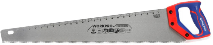 Ножовка WorkPro WP215009 600мм эргономичная ручка, со шкалой, прочное пильное полотно SK5, острые трехгранные зубья, конструкция 11 TPI, подходит для твердых пород древесины, бамбука, ПВХ