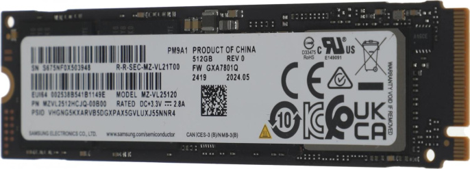SSD накопитель Samsung PM9A1 MZVL2512HCJQ-00B00 512ГБ, M.2 2280, PCIe 4.0 x4, NVMe, M.2, oem