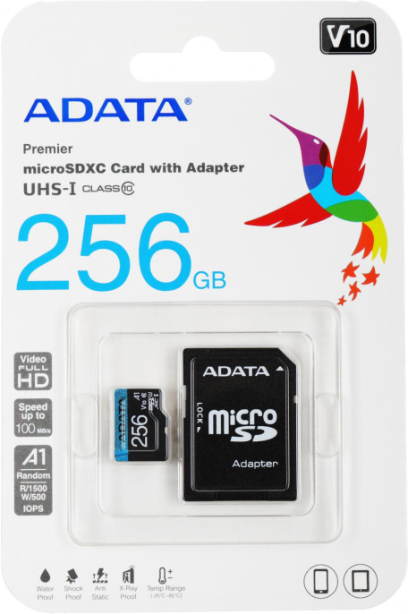 Карта памяти microSDXC UHS-I U1 A-Data Premier 256 ГБ, 100 МБ/с, 10X, Class 10, AUSDX256GUICL10A1-RA1,  1 шт., переходник SD