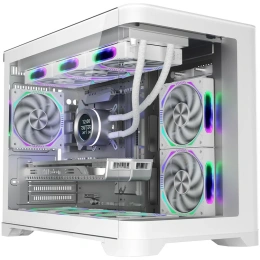 Корпус 1stPlayer UV6 Белый UV6-WH-2FC7R-W-1FC7-W материал: сталь SPCC, толщина стенок: 0.6 мм, окно: закалённое стекло, 2хUSB3.0, Audio, без БП, 2x3.5” и 3x2.5″, 4 слота расширения