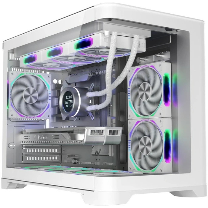 Корпус 1stPlayer UV6 Белый UV6-WH-2FC7R-W-1FC7-W материал: сталь SPCC, толщина стенок: 0.6 мм, окно: закалённое стекло, 2хUSB3.0, Audio, без БП, 2x3.5” и 3x2.5″, 4 слота расширения
