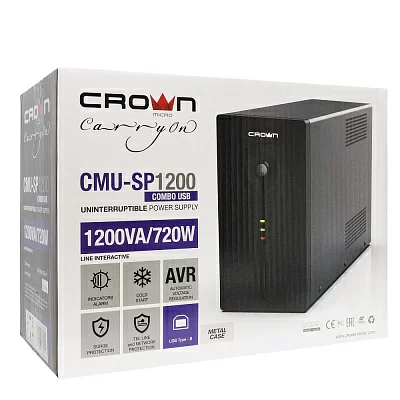 ИБП CROWN 1200VA/720W, металл, 2x12V/9AH, розетки 4*IEC + 2*EURO+1*IEC bybass, трансформатор AVR 140-290V, съёмный кабель 1.8м, фильтр телефонной и ethernet линии RJ11/45, USB-порт ИБП CROWN 1200VA/720W, металл, 2x12V/9AH, розетки 4*IEC + 2*EURO+1*IEC byb