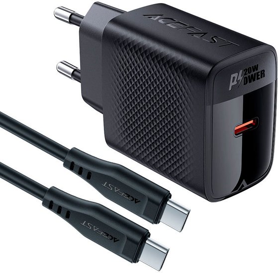 Сетевое зарядное AceFast A82 USB Type-C (черный) для телефонов/для планшетов, USB Type-C, 20 Вт, быстрая зарядка, кабель USB Type-C, 1 м
