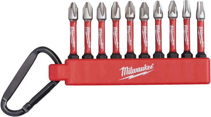 Биты Milwaukee Shockwave 10шт в держателе с карабином №2 4932492939 для использования с ударными шуруповертами, 10x50мм: 4xPH2/4xPZ2/1xTX20/1xTX25, геометрия Shock Zone, конструкционная сталь