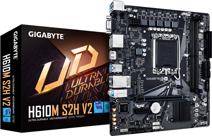 Материнская плата GigaByte H610M S2H V2 rev. 1.0 mATX, 22.3x19.6 см, Intel H610, 2xDDR5 DIMM, 5600МГц, до 128GB, звук 7.1, 4xSATA3.0 6Gb/s , 1xM.2, 1xPCIe4.0x16, 1xPCIe3.0x1, 1хHDMI, 2xDisplayPort, 1xVGA H610M S2H V2 rev. 1.0