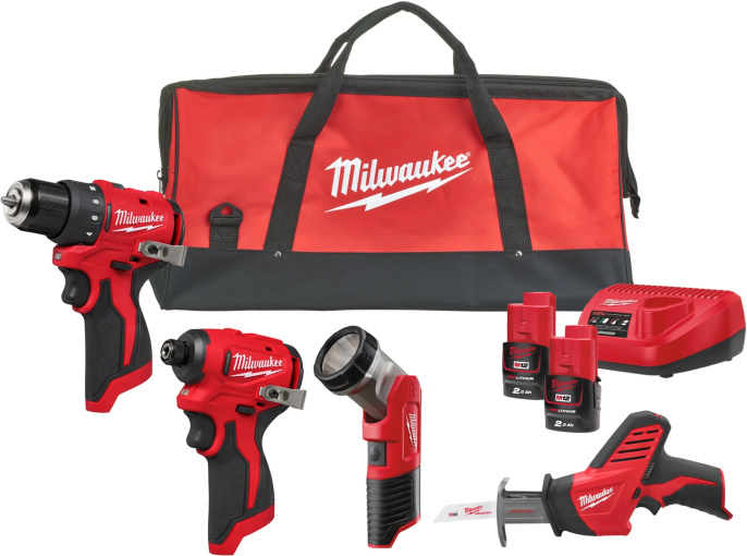Набор инструментов Milwaukee M12BLPP4A-202B (4933499693) (в наборе: бесщеточная дрель-шуруповерт M12 BLDDRC-0, бесщеточный ударный гайковерт M12 BLIDRC-0, сабельная пила C12 HZ-0, аккумуляторный фонарь M12 TLED-0, 2 аккумуляторных блока M12 B4, зарядное у