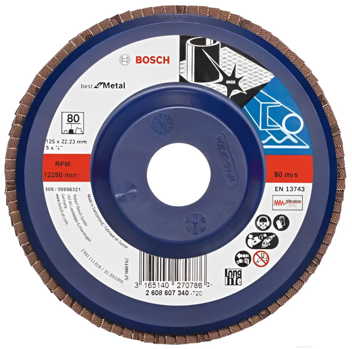 Шлифовальный круг Bosch K80 Best for Metal (2.608.607.340) (для электроинструмента, зернистость: 80, шлифматериал: оксид алюминия, металл, ткань, тип связки: синтетическая смола, лепестковый, диаметр: 125мм, посадочный размер: 22.23мм)