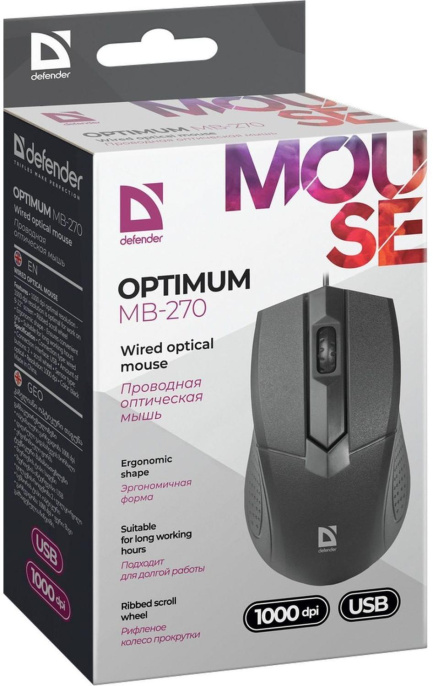 Мышь проводная Defender Optimum MB-270, оптическая, USB, 1000dpi, черный [52270]