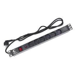 Cabeus PDU-6P-F-2EU Блок распределения питания для 19" шкафов, горизонтальный, 6 розеток, 16 A, выключатель, шнур 2м, алюминиевый корпус, немецкий стандарт